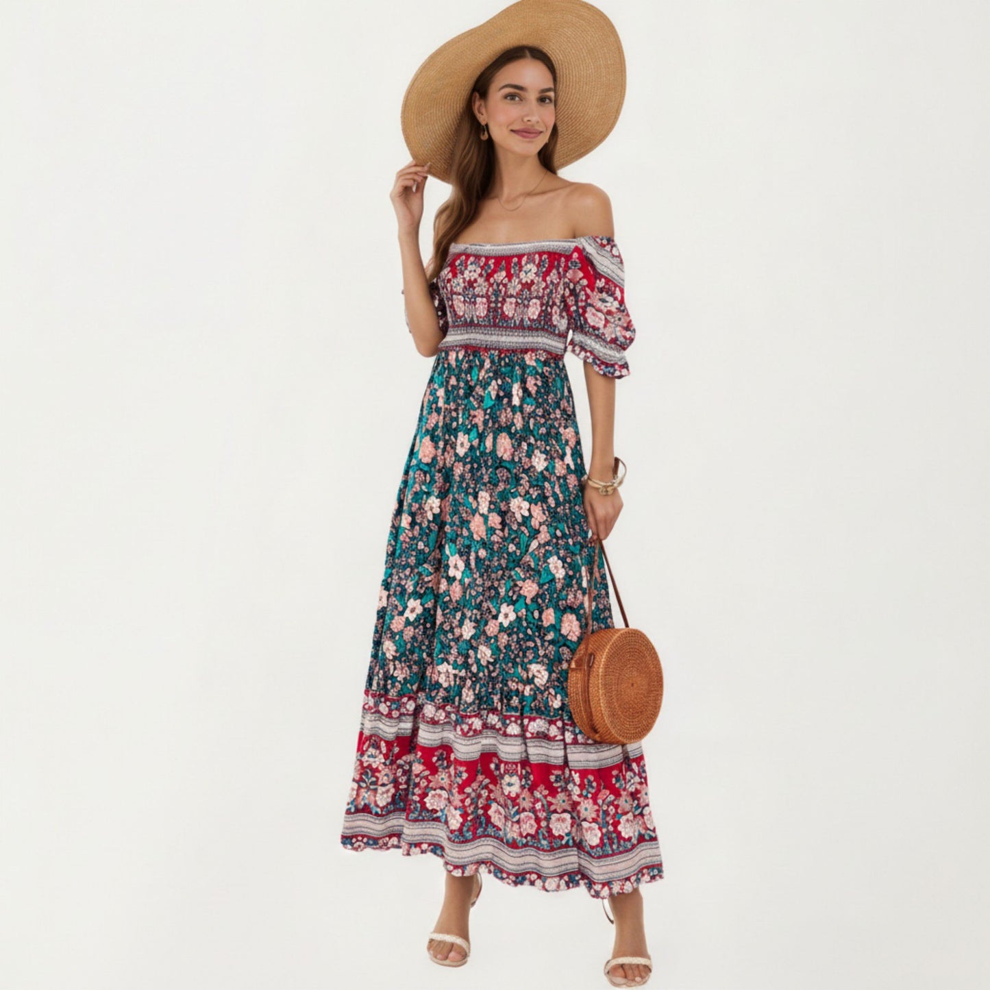 Puff Sleeve Maxi Dress with Mixed Floral Print and Border Hem