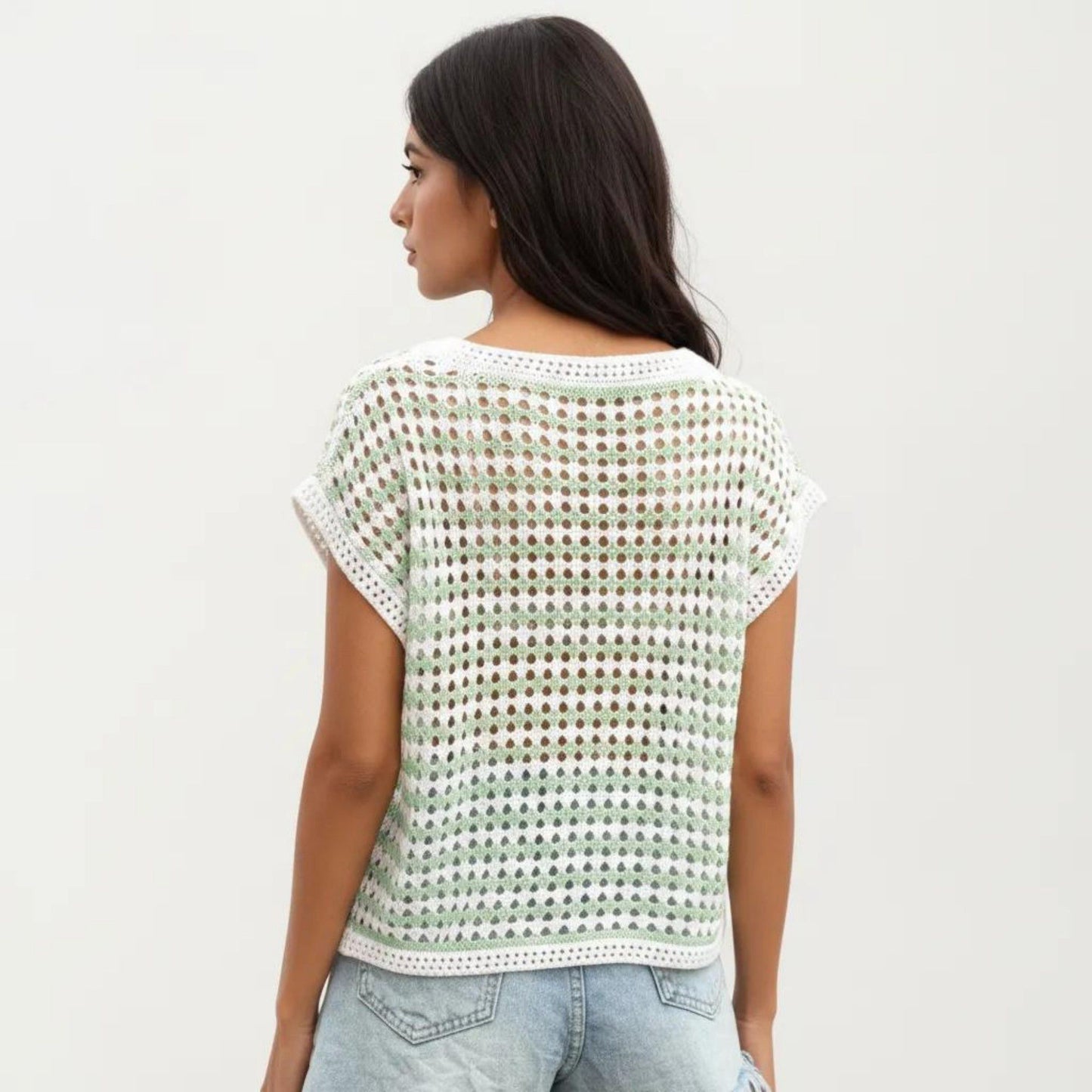 Short Sleeve Striped Crochet Knit Top with Open Stitch Texture and Relaxed Fit
