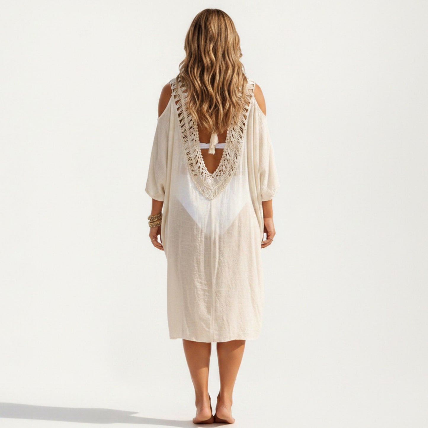 Crochet V Neck Swim Cover Up Dress with Cold Shoulder Sleeves and Relaxed Fit