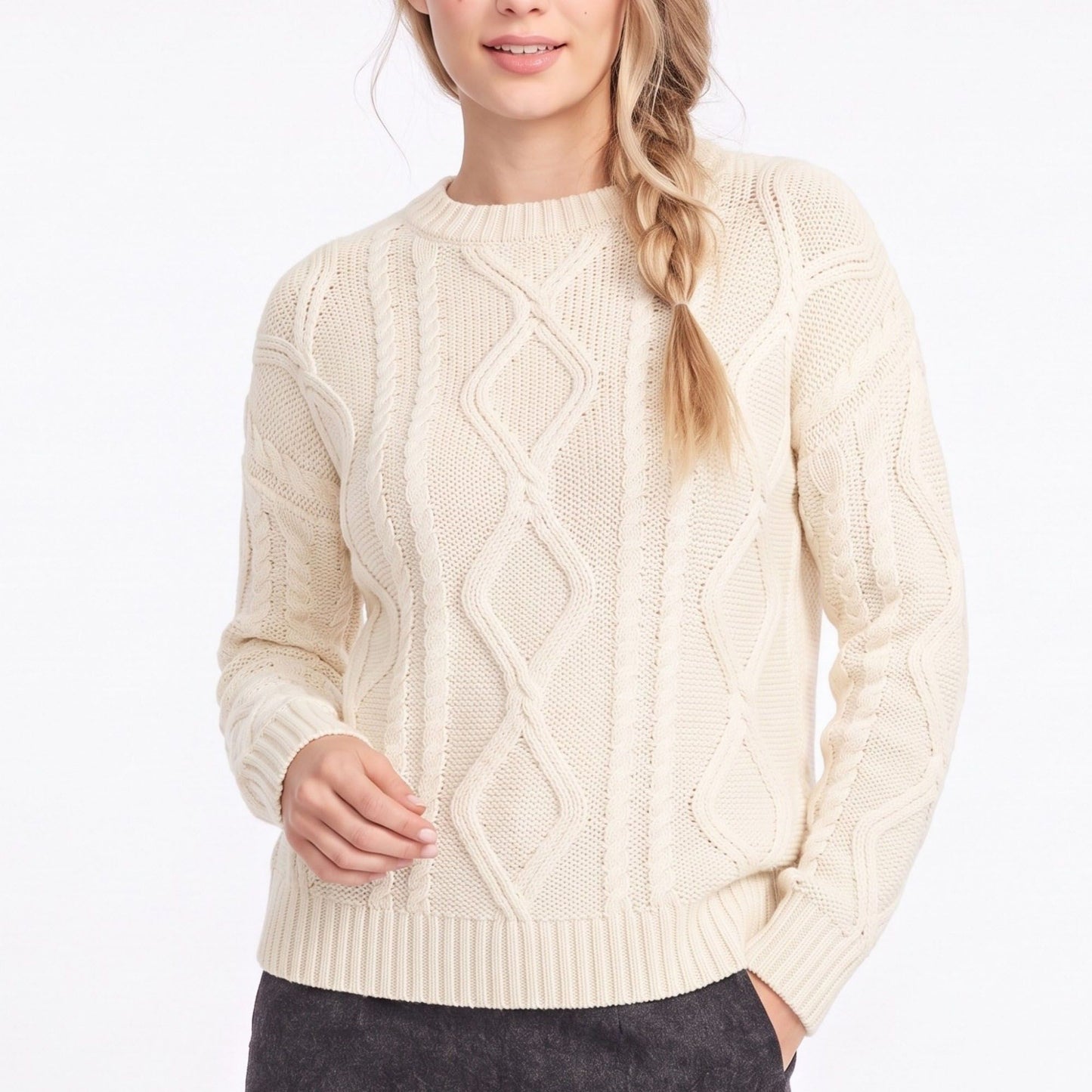 Cable Knit Crew Neck Pullover Sweater