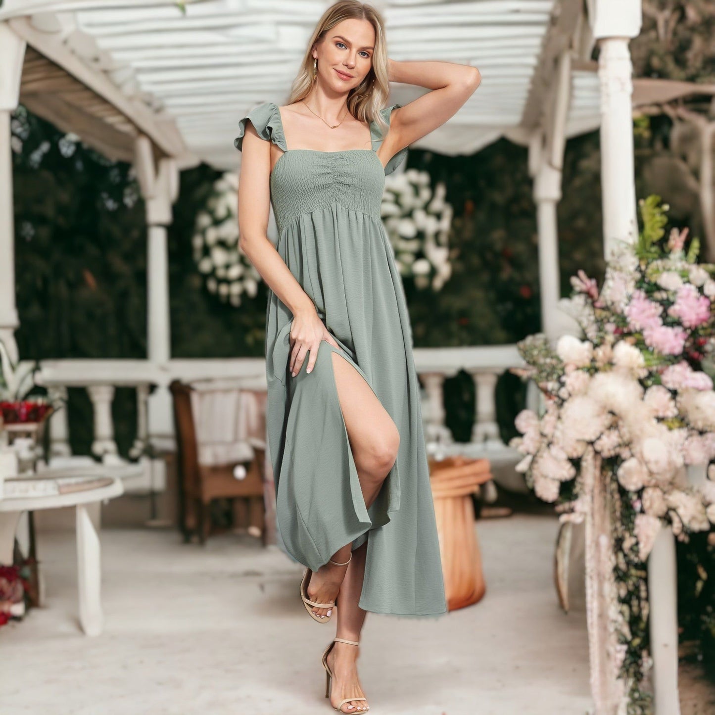 Ruffled Cap Sleeve Maxi Slit Dress