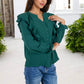 Long Sleeve Ruffled Blouse Textured Dot Pattern Button Front