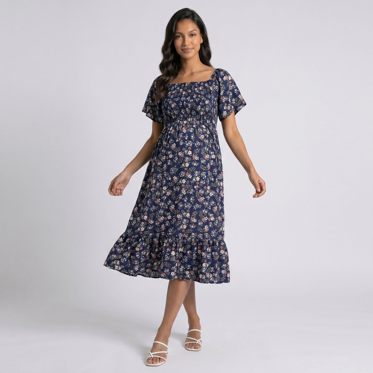 Maternity Floral Square Neck Midi Dress with Short Sleeves and Ruffle Hem