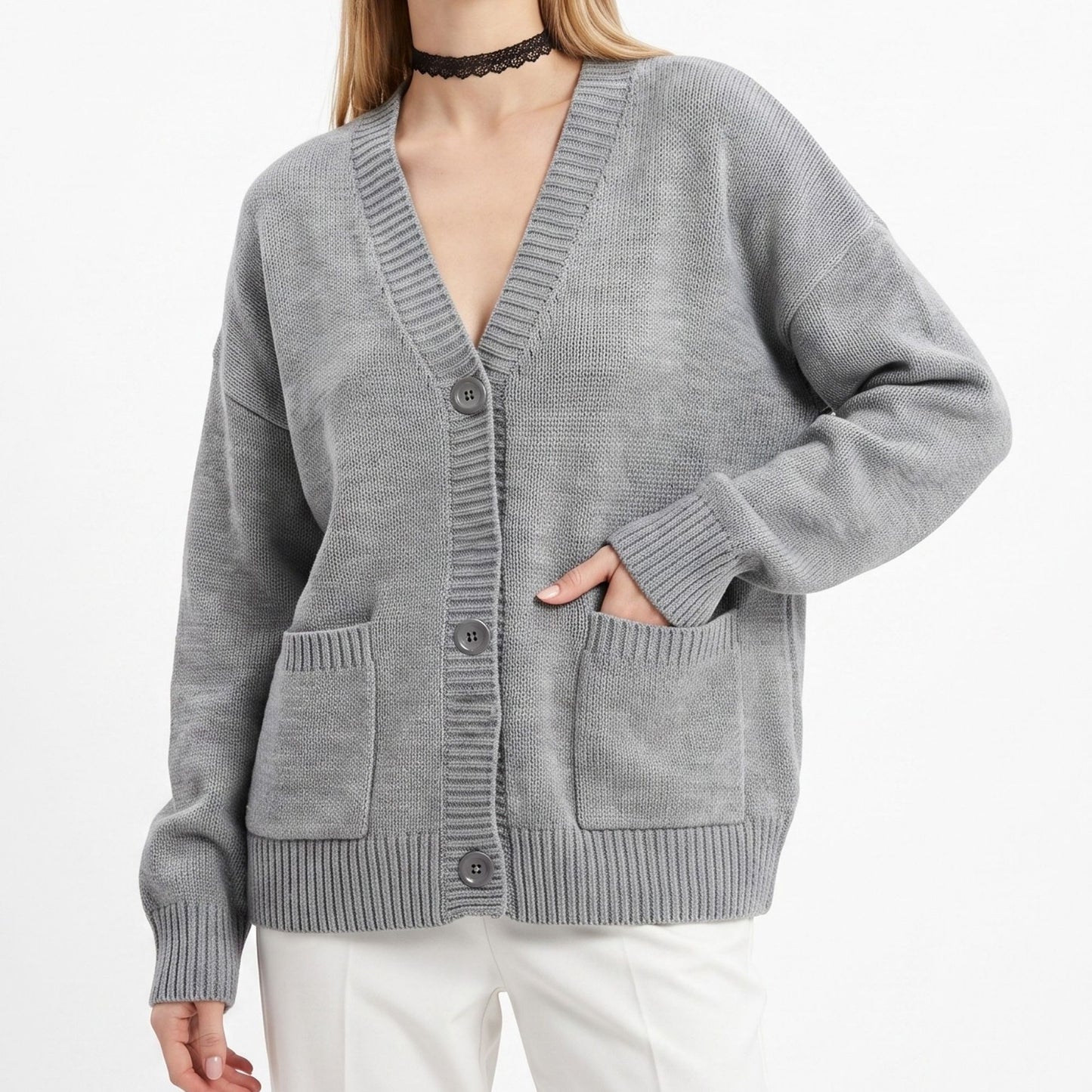 Oversized V Neck Button Front Cardigan with Pockets