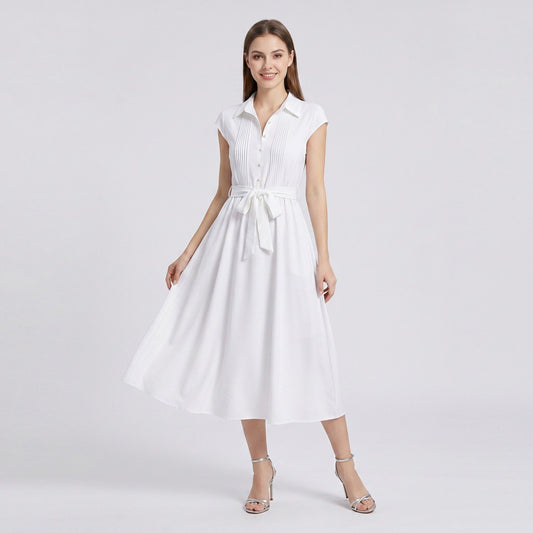 Collared Button Front Cap Sleeve Midi Shirt Dress with Pintuck Bodice Tie Waist and Flowy A Line Skirt