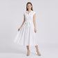 Collared Button Front Cap Sleeve Midi Shirt Dress with Pintuck Bodice Tie Waist and Flowy A Line Skirt