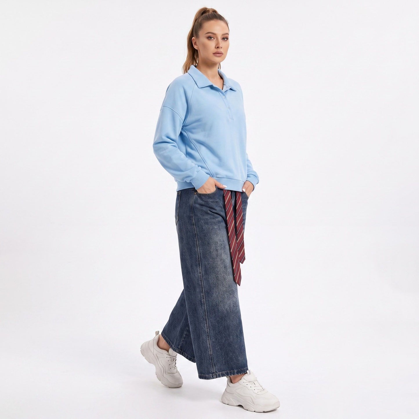 Long Sleeve Polo Sweatshirt with Snap Button Placket