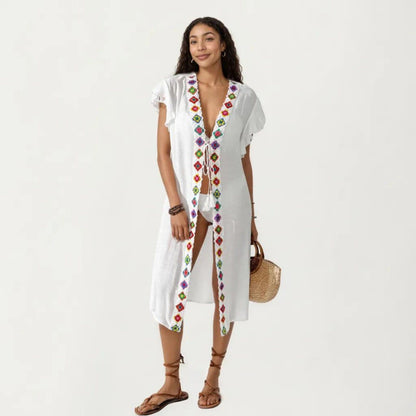Embroidered Open Front Swim Cover Up Kimono Midi Beach Cardigan with Tassel Tie Detail