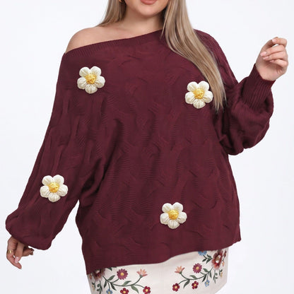 Plus Size Burgundy Off-Shoulder Floral Cable Knit Sweater