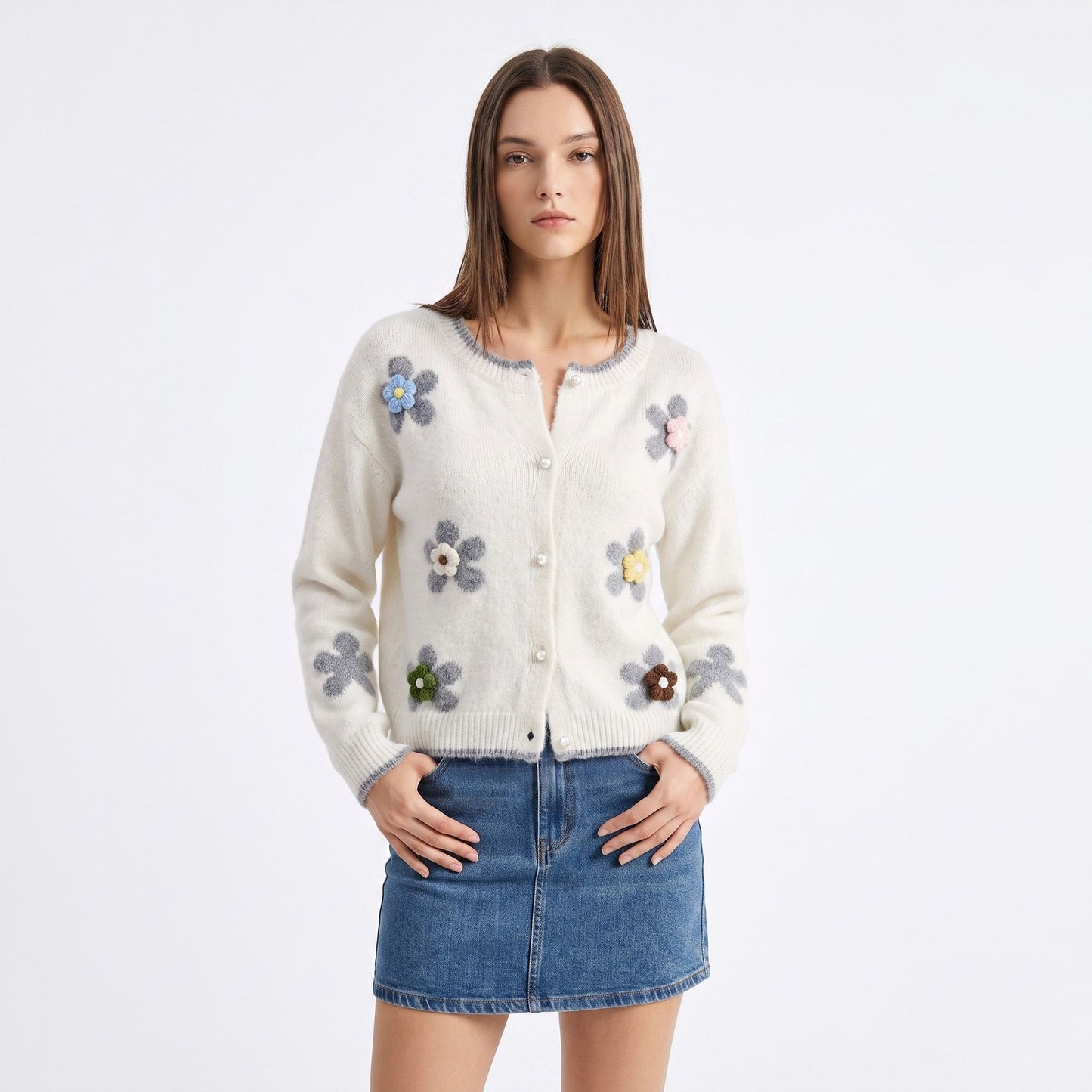 3D Floral Pearl Button Fuzzy Knit Cardigan Sweater