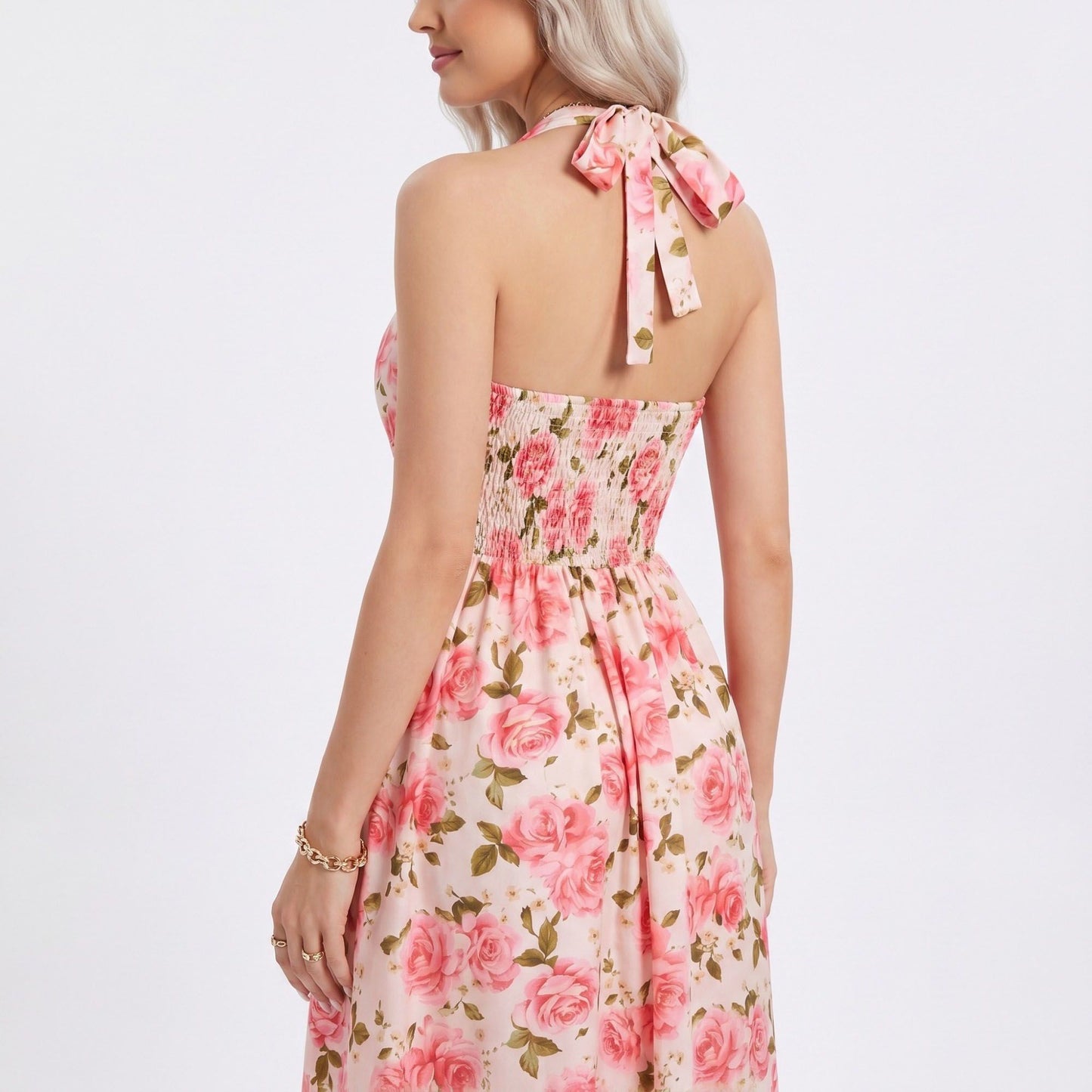 Floral Print Halter Smocked Back Midi Dress