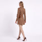Brown Collared V Neck Long Sleeve Faux Suede Fit and Flare Mini Dress