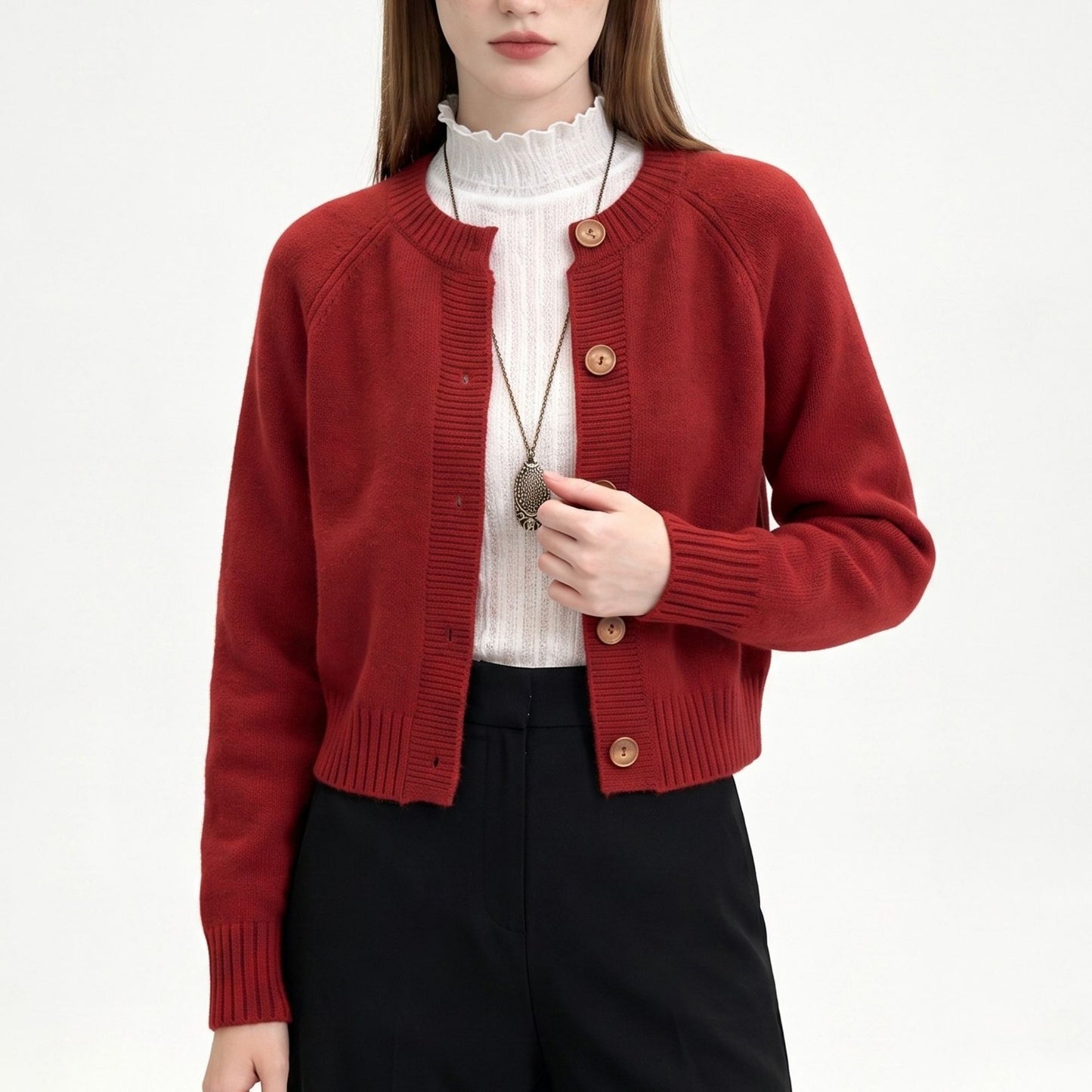 Cropped Crewneck Button-Front Cardigan Sweater