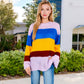 Striped Knit Sweater with Bell Sleeves and Colorful Details