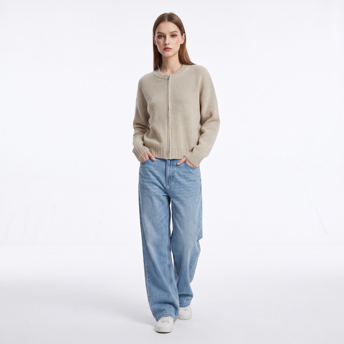 Rib Knit Full Zip Crewneck Cardigan Sweater