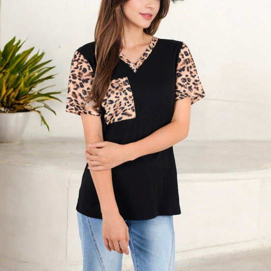 V-Neck Leopard Print Pocket Tee with Contrast Sleeves