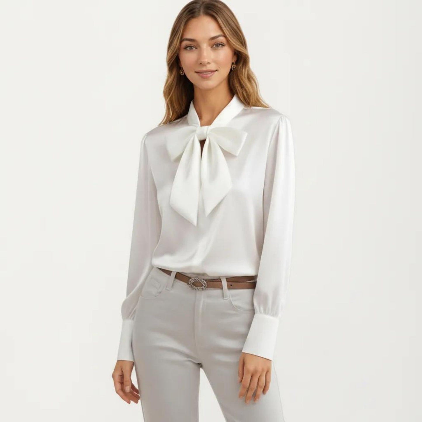 Satin Bow Neck Blouse with Long Puff Sleeves and Wide Cuffs