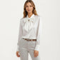 Satin Bow Neck Blouse with Long Puff Sleeves and Wide Cuffs
