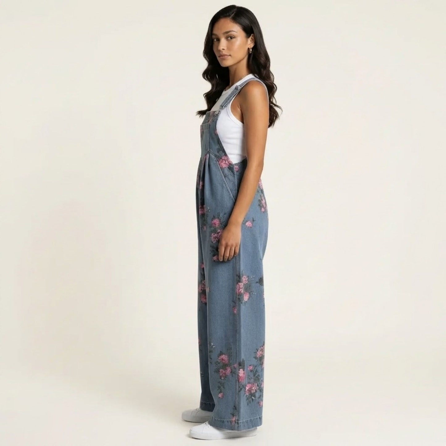Floral Denim Overall Jumpsuit Wide Leg Adjustable Strap Loose Fit Casual Overalls