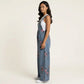 Floral Denim Overall Jumpsuit Wide Leg Adjustable Strap Loose Fit Casual Overalls