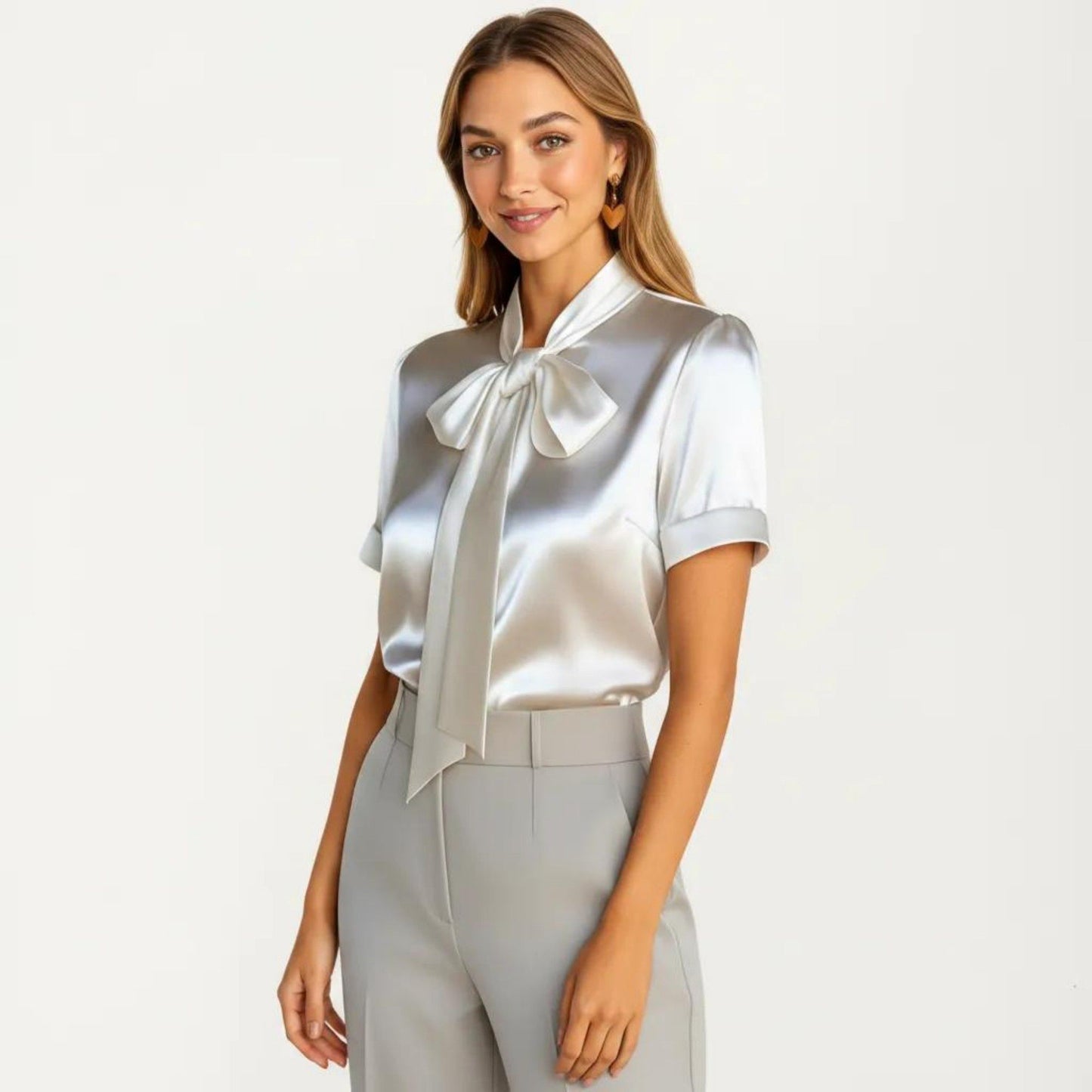 Satin Bow Neck Blouse with Short Sleeves and Smooth Draped Finish