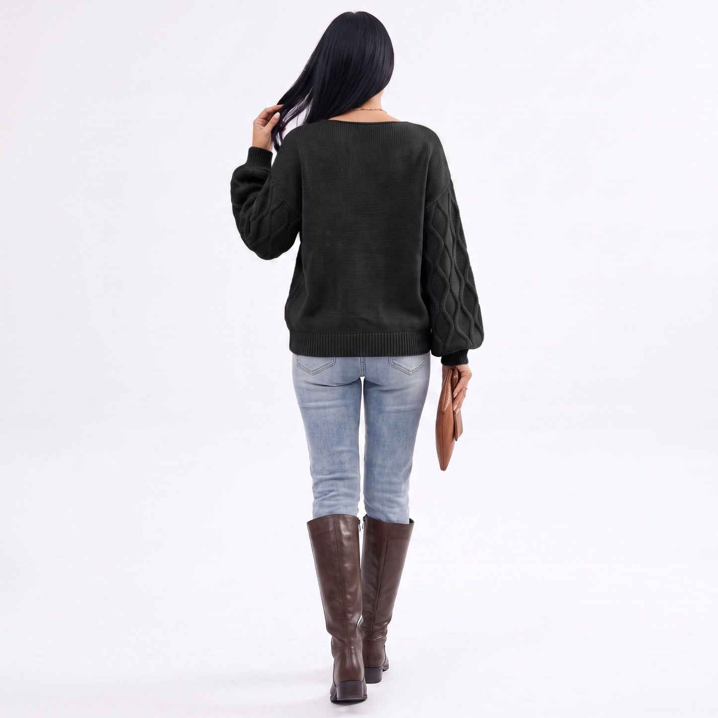 Cable Knit V-Neck Balloon Sleeve Sweater