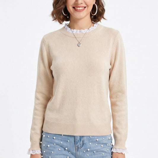 Lace Trim Crew Neck Sweater Long Sleeve Ribbed Hem Classic Knit Pullover