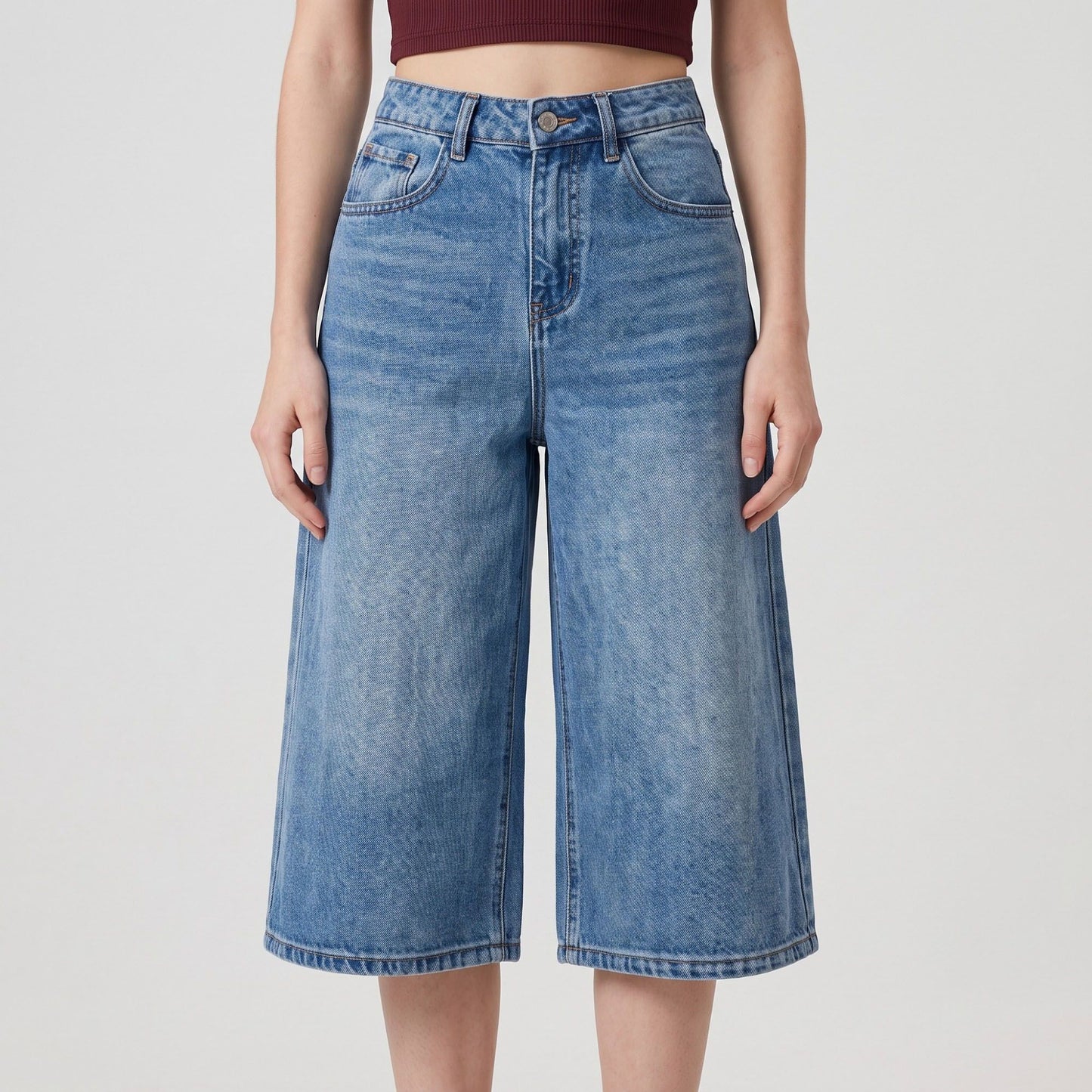 High-Waisted Cropped Wide-Leg Denim Trousers