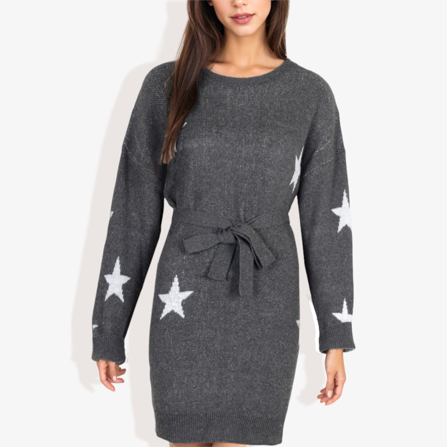 Star Knit Dolman Sleeve Belted Tunic Sweater Dress