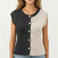 Sleeveless Colorblock Knit Vest with Button Front and Ribbed Trim
