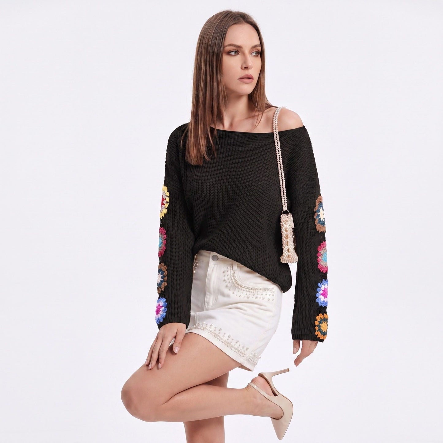 Crochet Floral Sleeve Knit Pullover Sweater with Long Sleeves