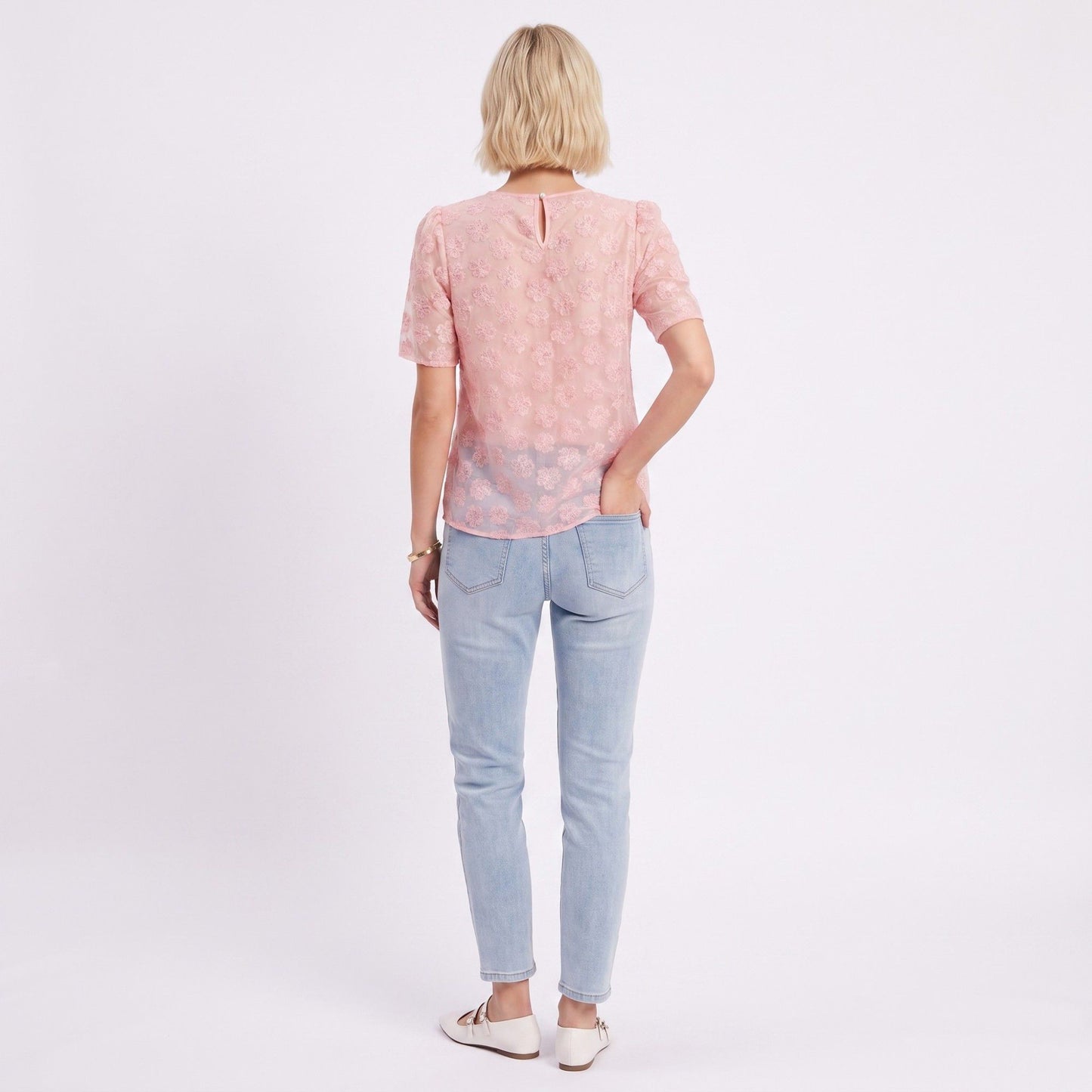 Sheer Floral Embroidered Top Pearl Neckline Short Sleeve Blouse