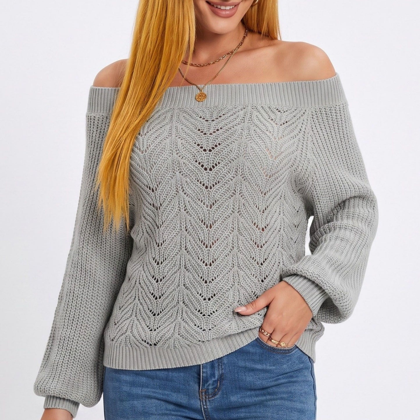 Off Shoulder Pointelle Knit Long Sleeve Sweater