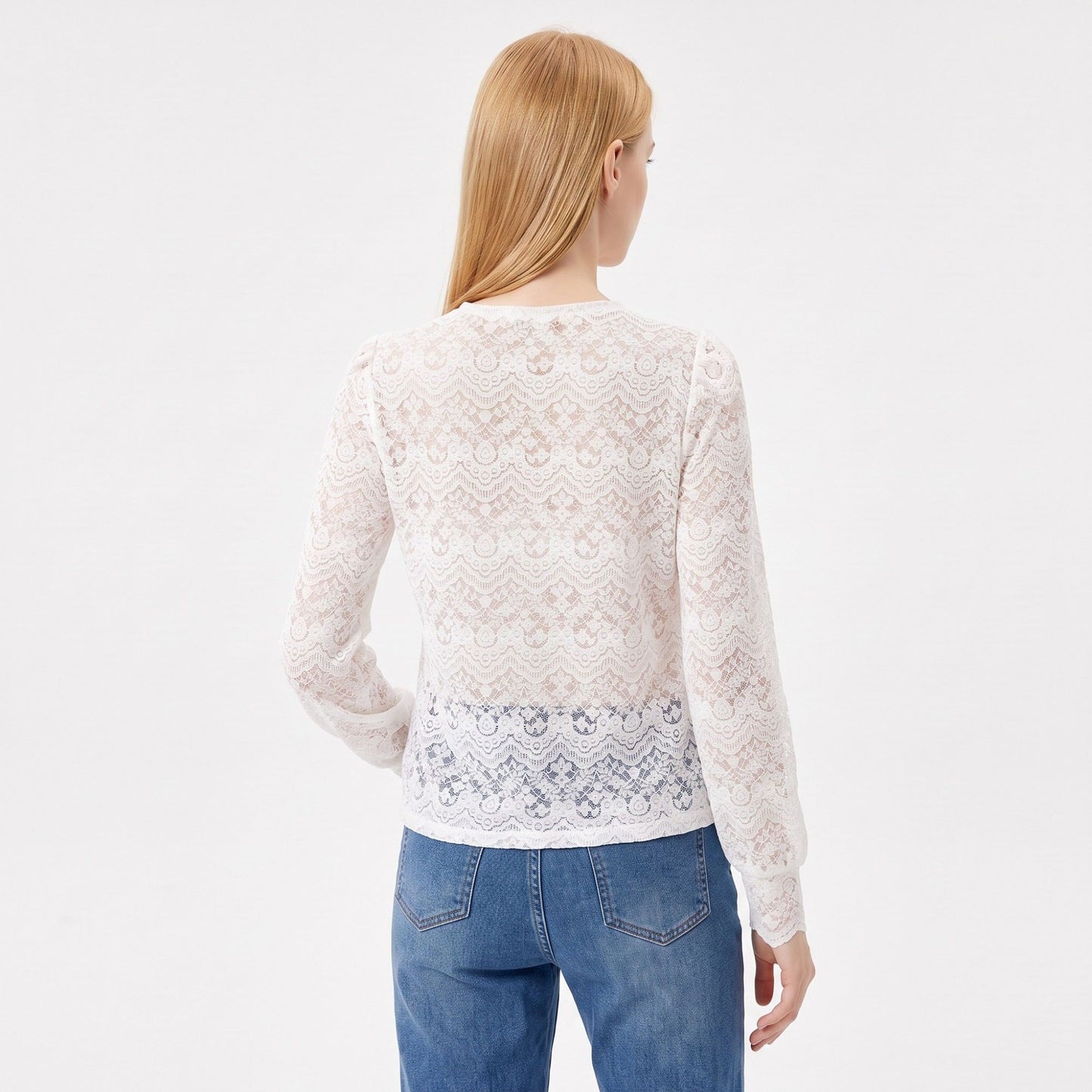 Elegant Scalloped V-Neck Lace Button-Down Top