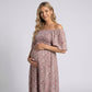 Maternity Floral Square Neck Midi Dress with Short Sleeves and Ruffle Hem