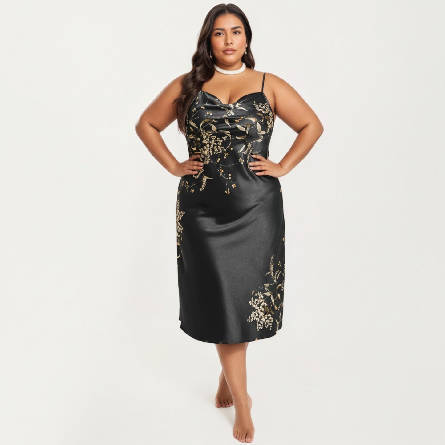 Plus Size Satin Floral Slip Nightgown with Adjustable Spaghetti Straps Cowl Neck Midi Length Sleepwear Dress