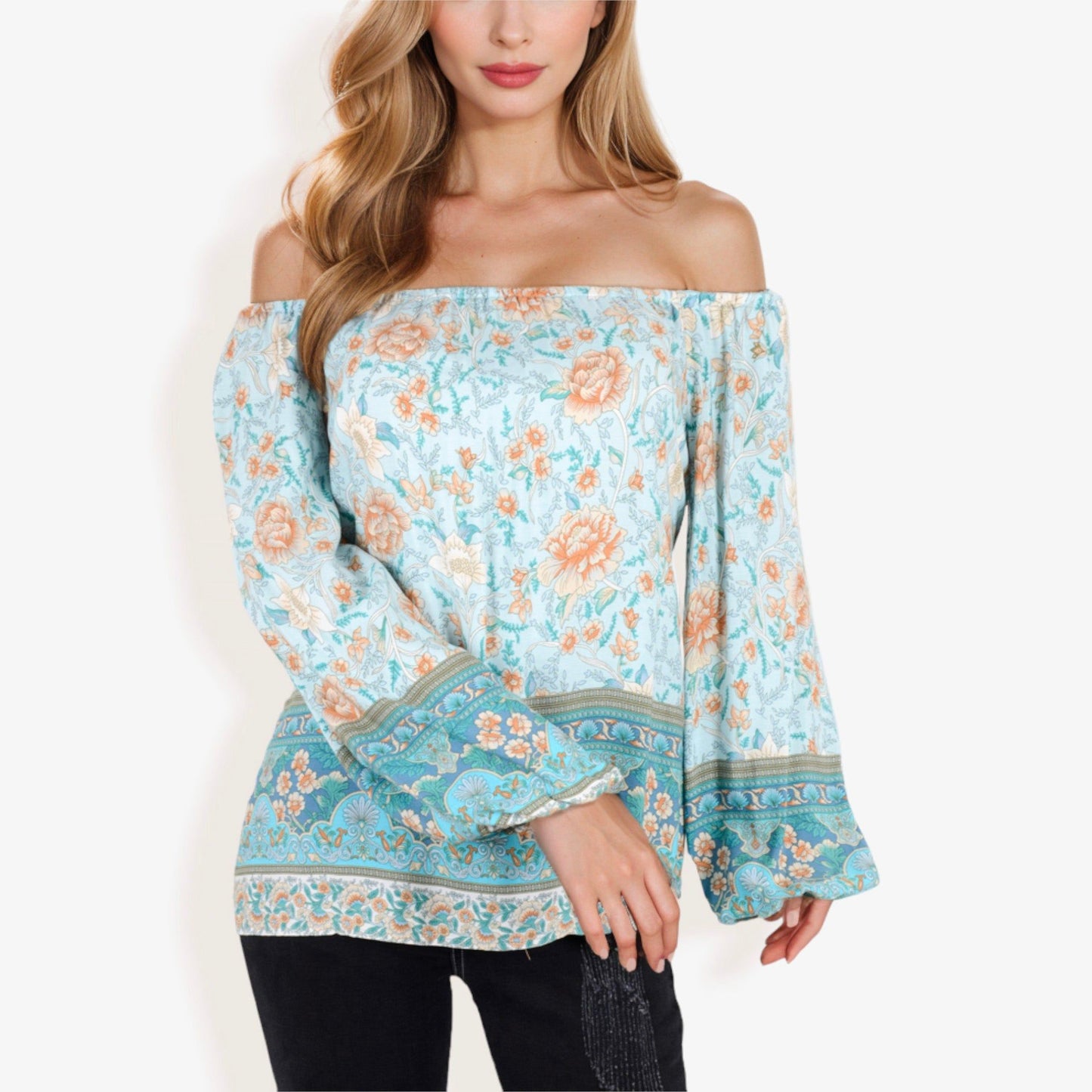 Off Shoulder Floral Print Long Sleeve Bohemian Blouse