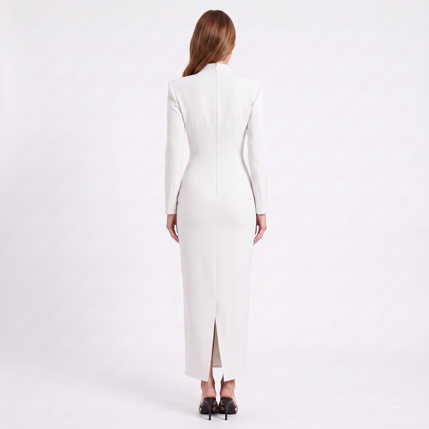 Long Sleeve Maxi Dress with Deep V Neck and Back Slit