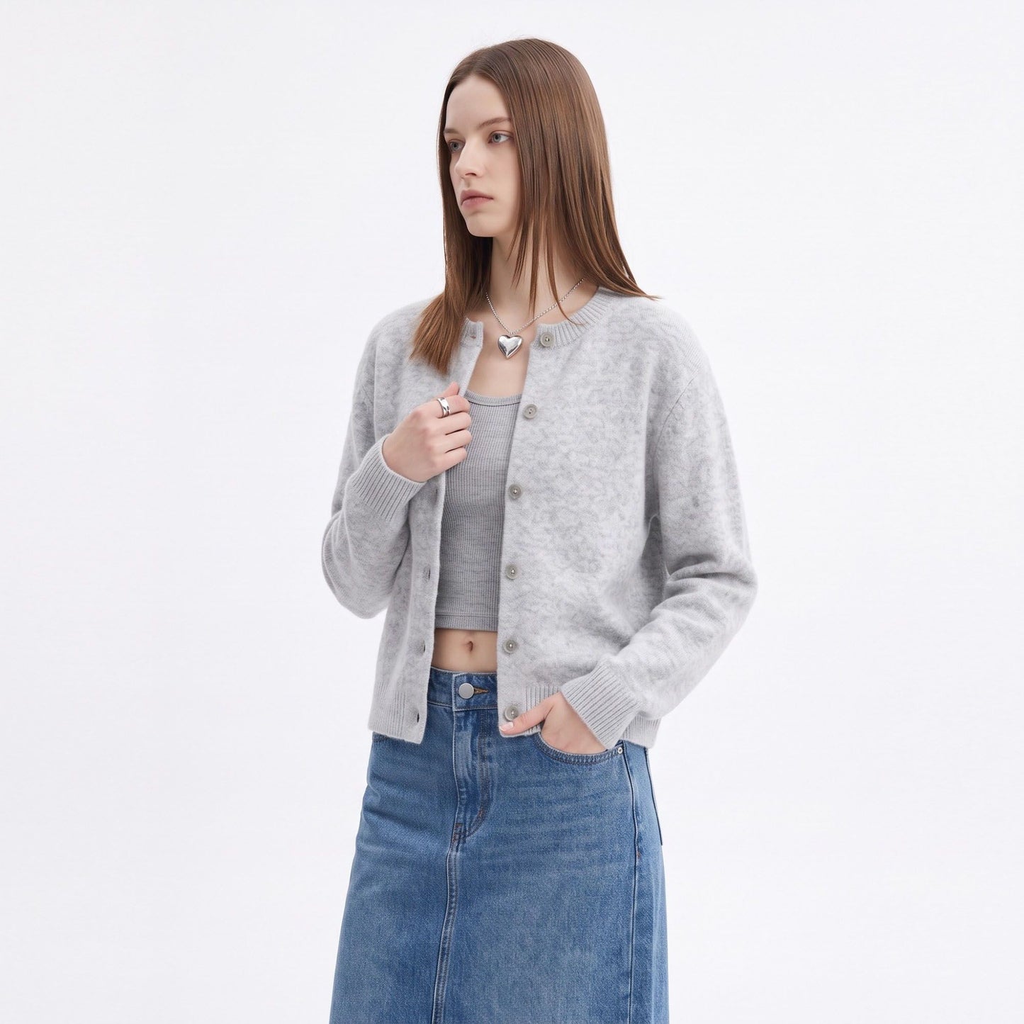 Soft Brushed Knit Crewneck Button Front Cardigan Sweater