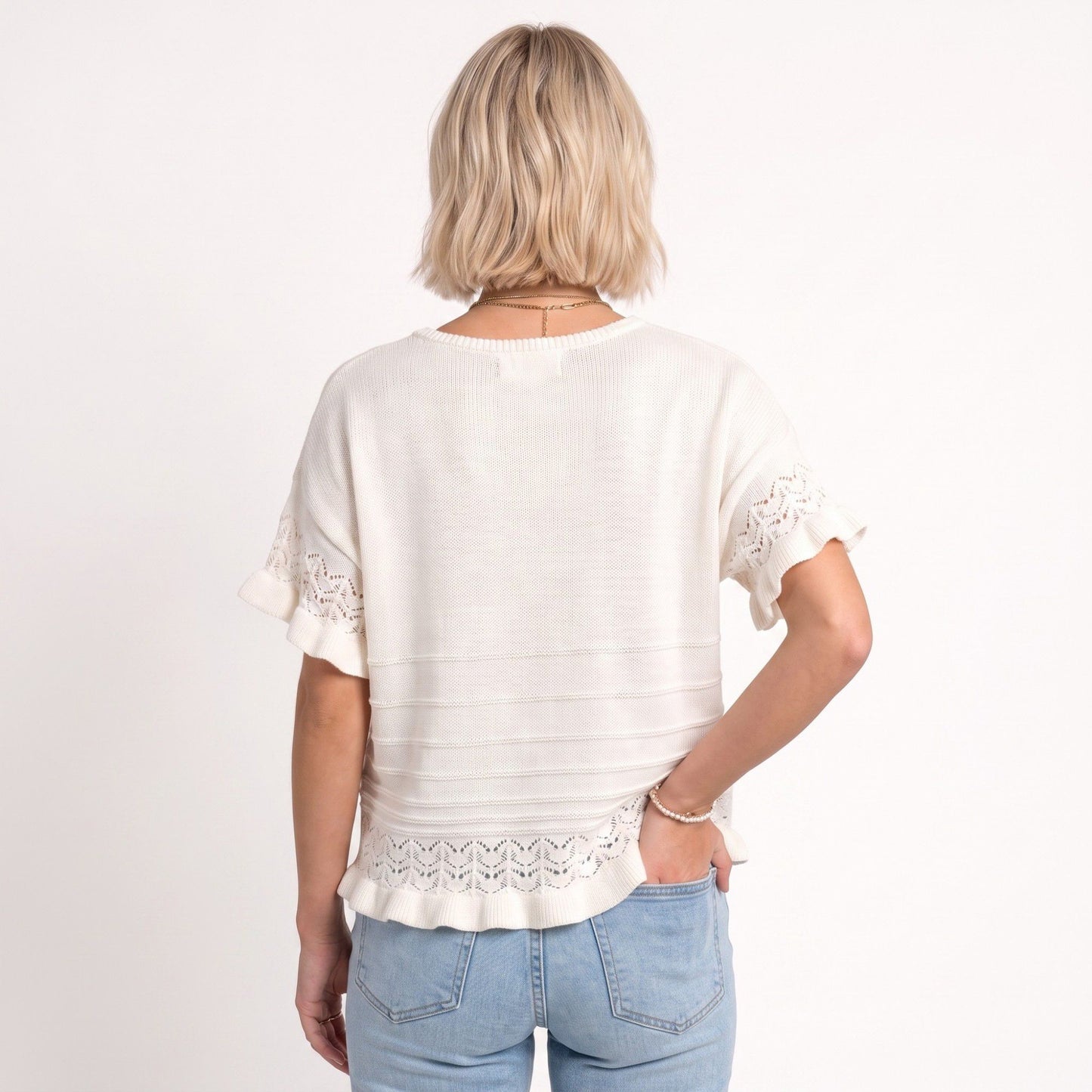 Short Sleeve Sweater Top Lace Ruffle Hem Textured Knit Blouse