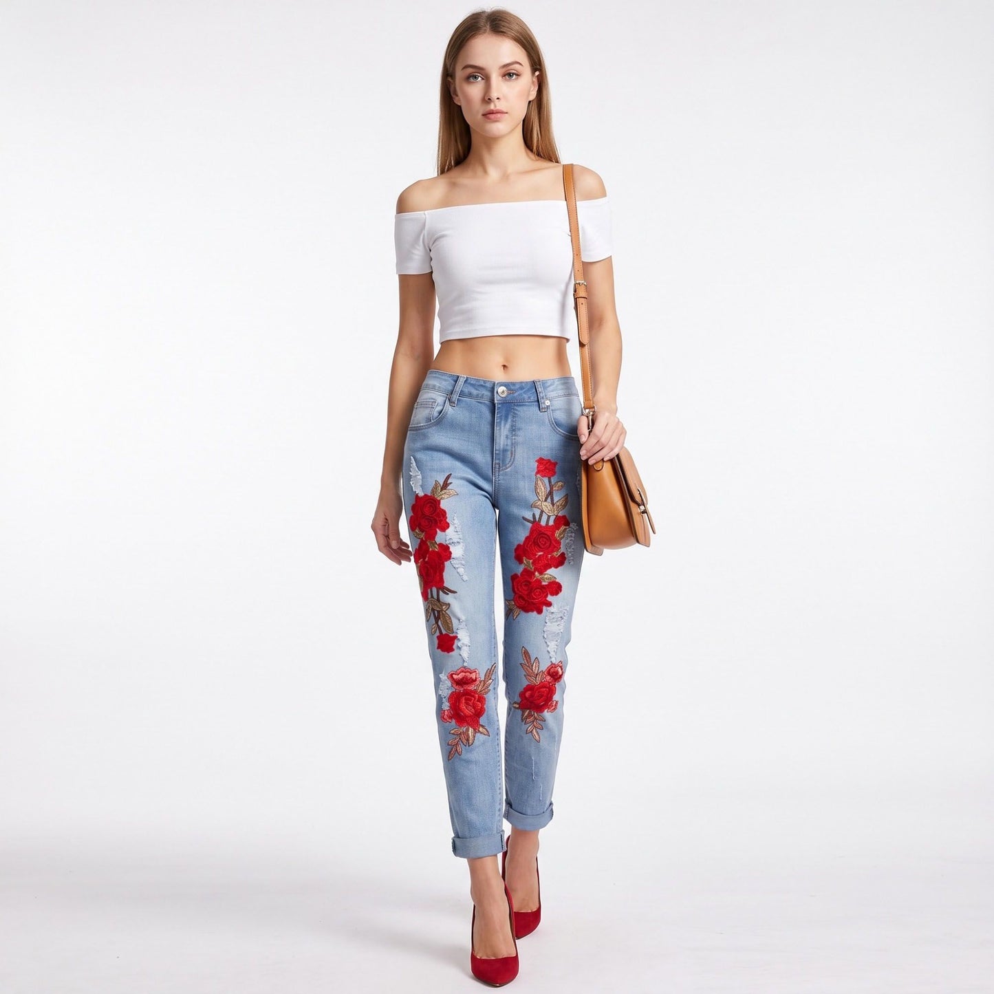 Rose Embroidered Distressed Denim Jeans Rolled Cuff Slim Fit Pants
