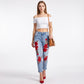 Rose Embroidered Distressed Denim Jeans Rolled Cuff Slim Fit Pants
