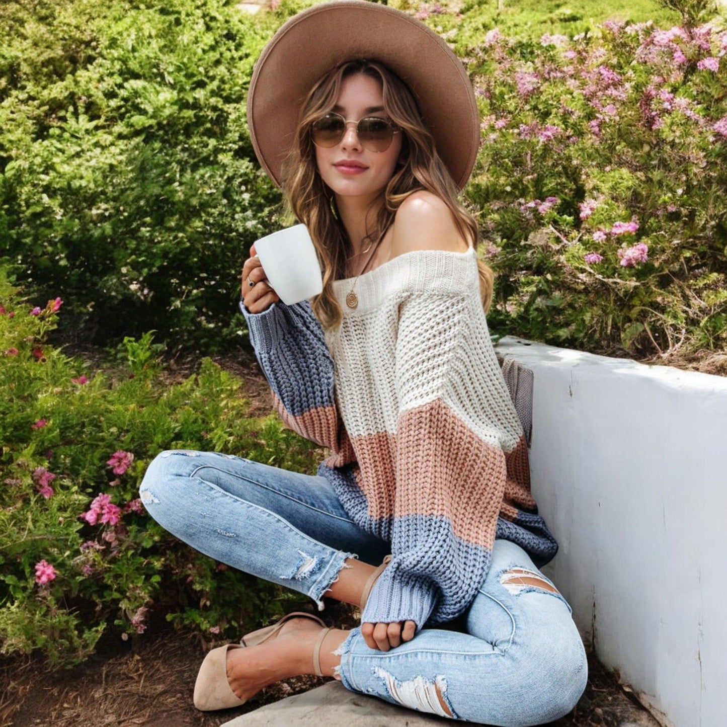 Off Shoulder Color Block Knit Sweater with Long Sleeves