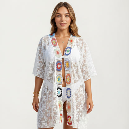 Lace Swim Cover Up Cardigan with Crochet Trim Floral Pattern Open Front and Relaxed Sleeves