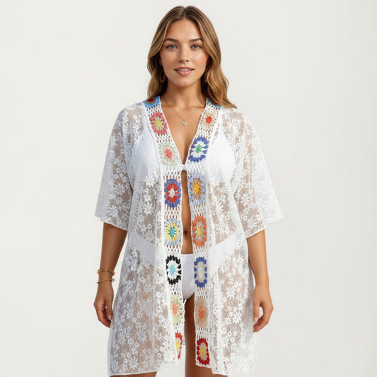 Lace Swim Cover Up Cardigan with Crochet Trim Floral Pattern Open Front and Relaxed Sleeves