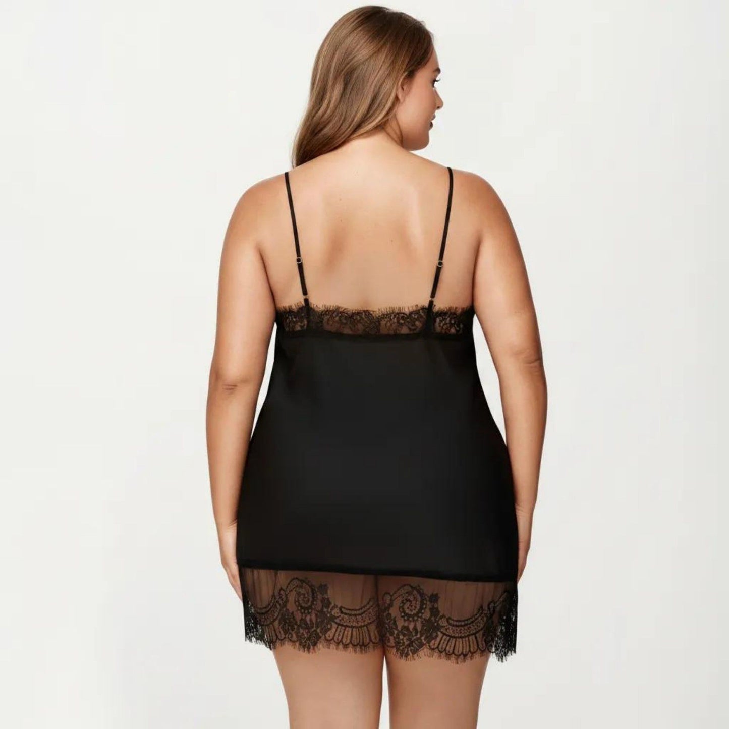 Plus Size Satin Chemise Lace Trim V Neck Sleep Dress Adjustable Strap Slip Nightgown