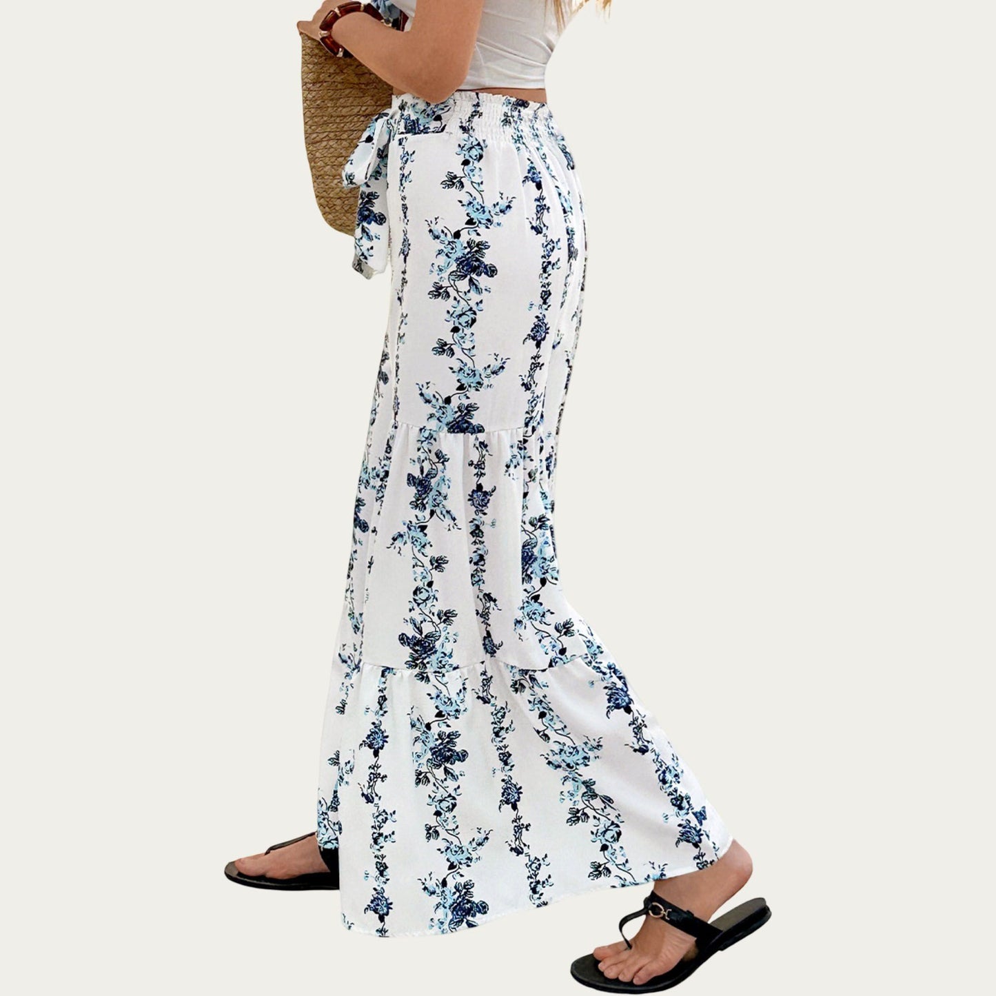Floral Wide Leg Palazzo Pants with Tiered Hem Detail and Adjustable Tie Waist