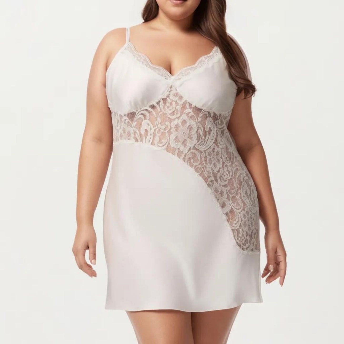 Plus Size Lace Panel Chemise Slip Dress Adjustable Strap Sleepwear