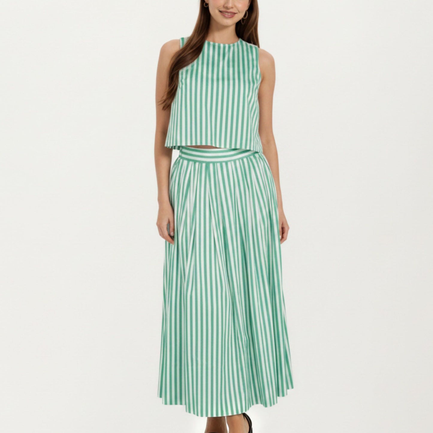 Sleeveless Striped Two Piece Set Crop Top and Midi Skirt with Back Button Detail Flowy High Waist Set