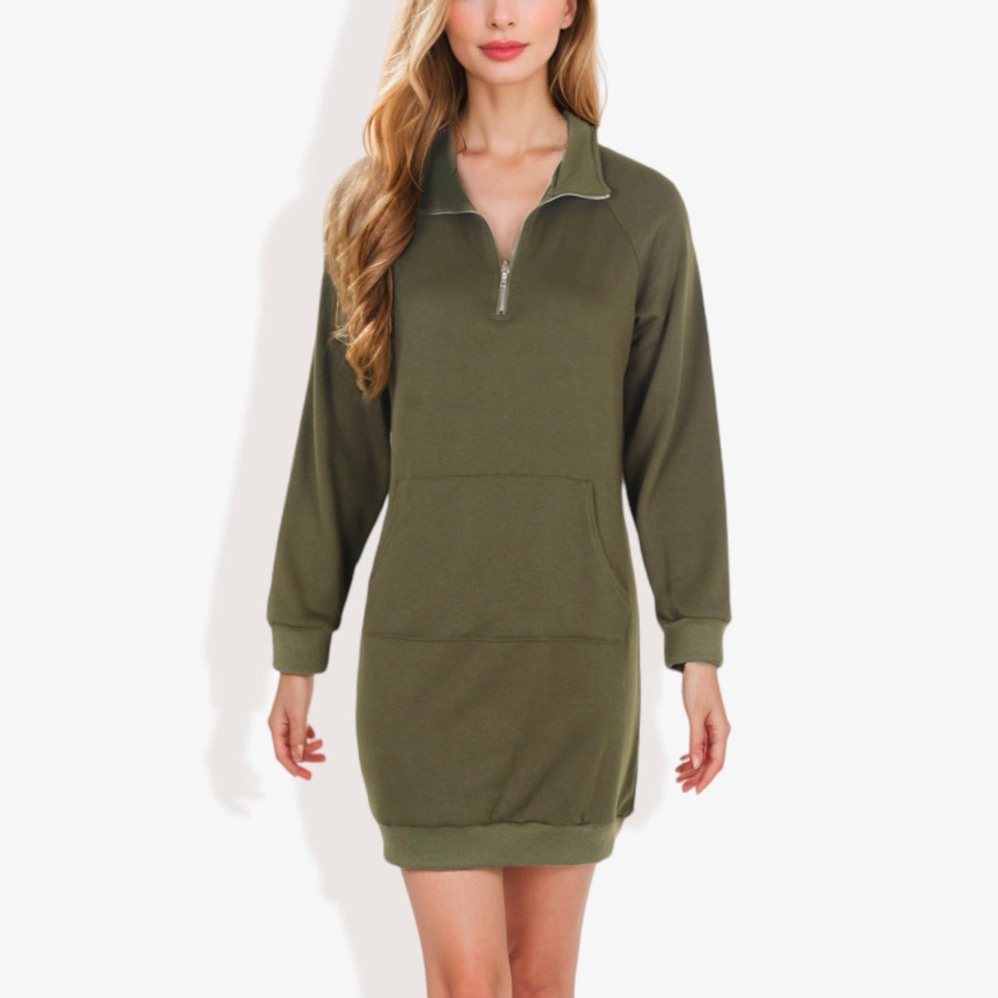 Cuffed Long Sleeve Solid Kangaroo Pocket Zipper Mini Dress